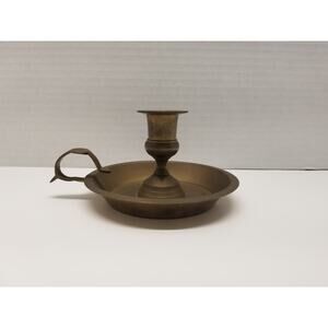 Antique Vintage Brass Candle Holder with Drip Tray & Finger Loop Handle Patina